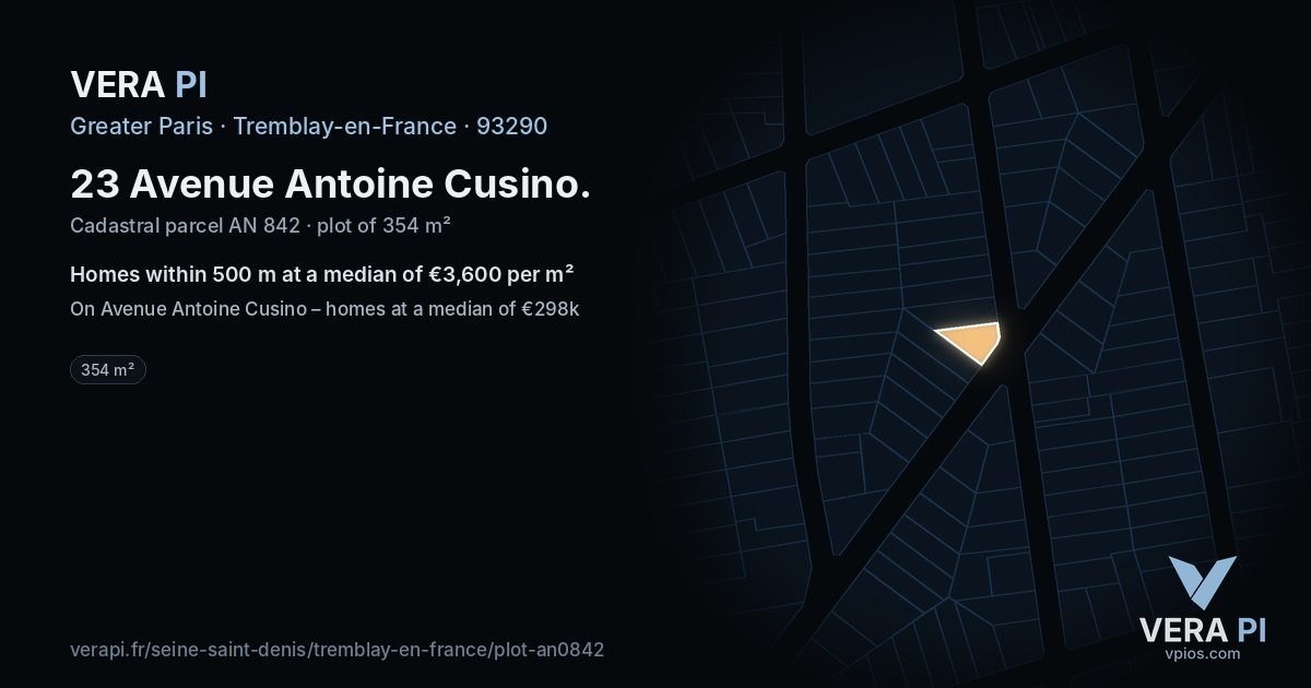 23 Avenue Antoine Cusino, Tremblay-en-France at night – the plot lit, the parcels around coloured by the prices near them
