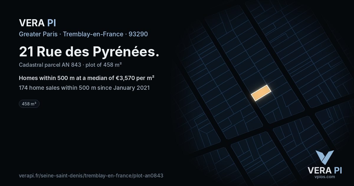 21 Rue des Pyrénées, Tremblay-en-France at night – the plot lit, the parcels around coloured by the prices near them