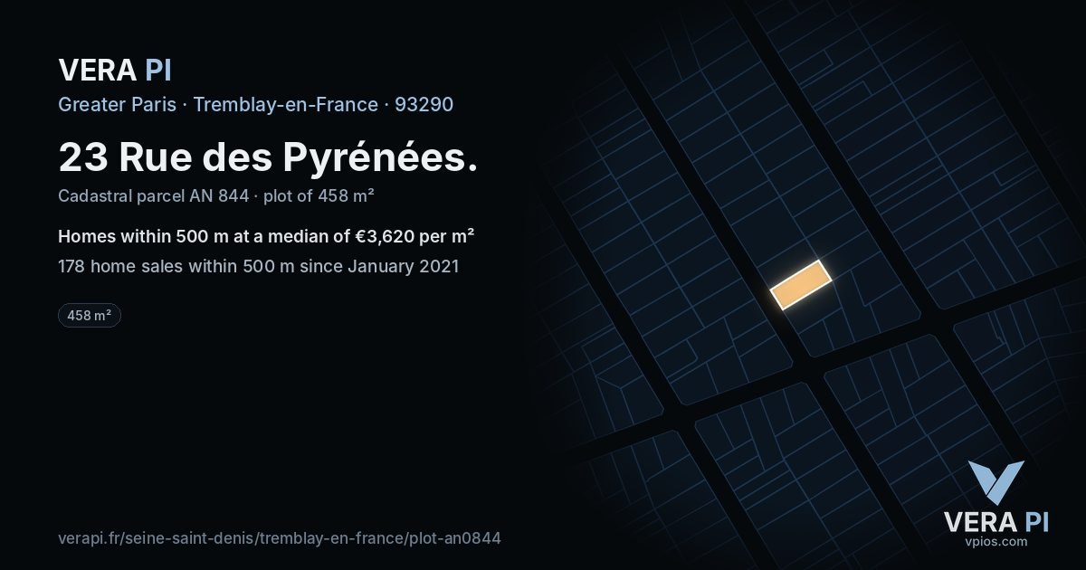 23 Rue des Pyrénées, Tremblay-en-France at night – the plot lit, the parcels around coloured by the prices near them