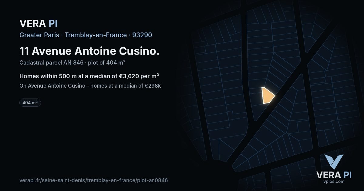 11 Avenue Antoine Cusino, Tremblay-en-France at night – the plot lit, the parcels around coloured by the prices near them