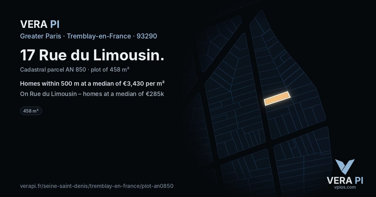 17 Rue du Limousin, Tremblay-en-France at night – the plot lit, the parcels around coloured by the prices near them