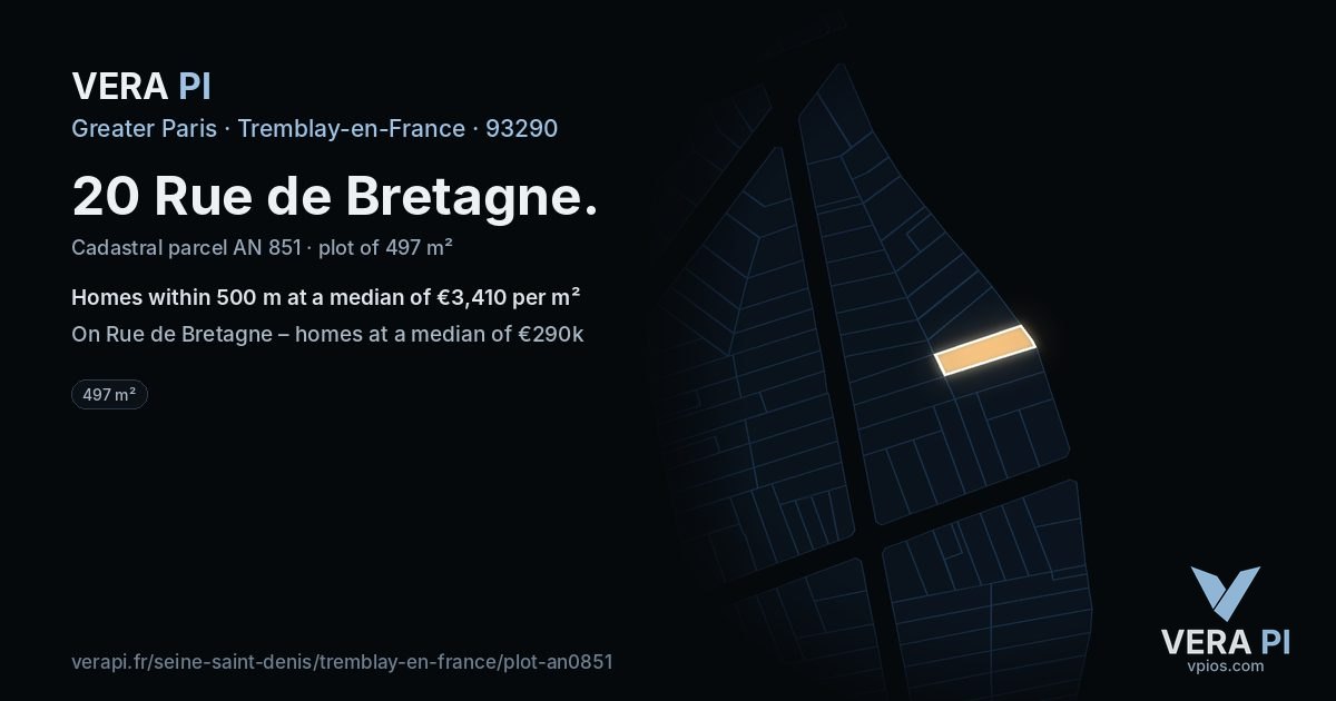 20 Rue de Bretagne, Tremblay-en-France at night – the plot lit, the parcels around coloured by the prices near them