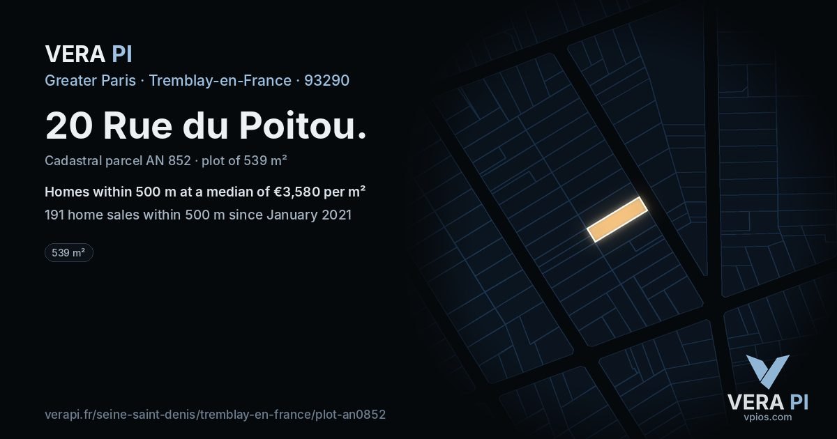 20 Rue du Poitou, Tremblay-en-France at night – the plot lit, the parcels around coloured by the prices near them