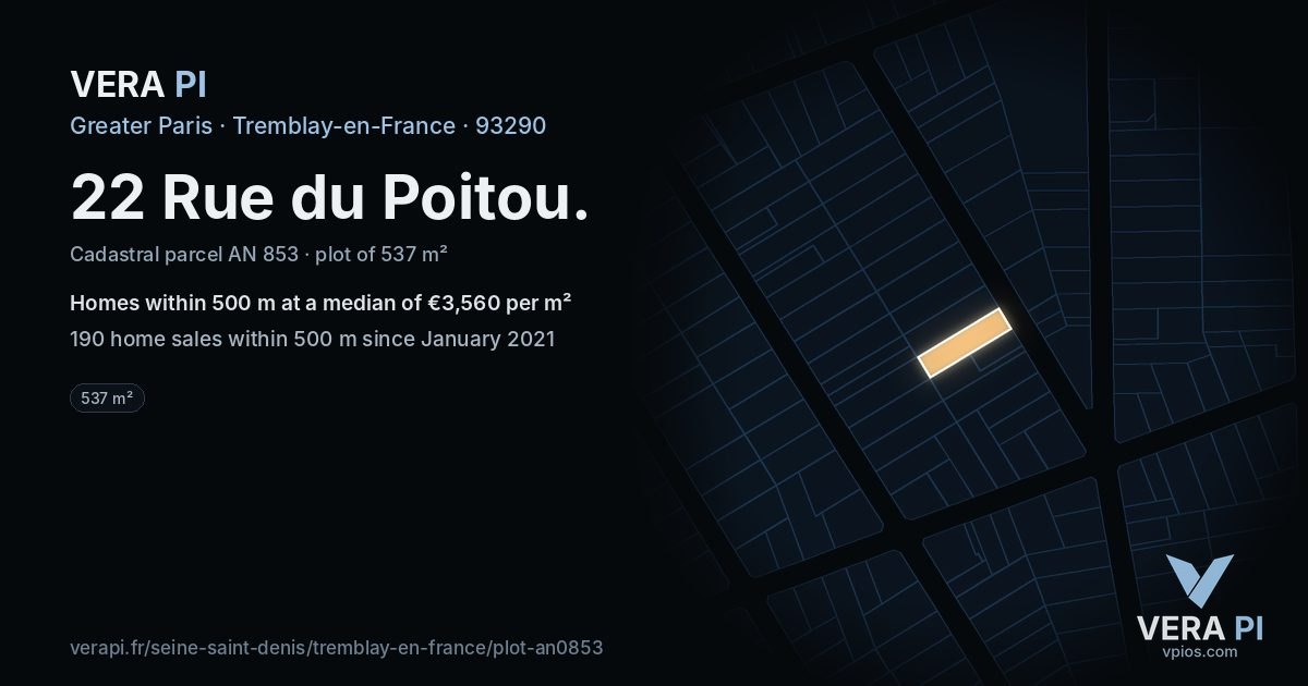 22 Rue du Poitou, Tremblay-en-France at night – the plot lit, the parcels around coloured by the prices near them