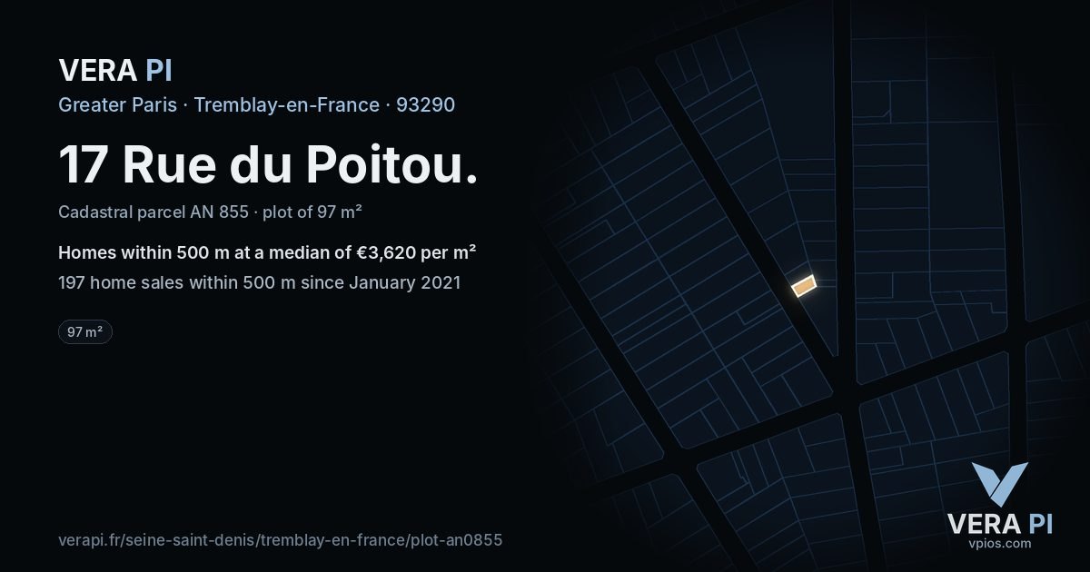 17 Rue du Poitou, Tremblay-en-France at night – the plot lit, the parcels around coloured by the prices near them