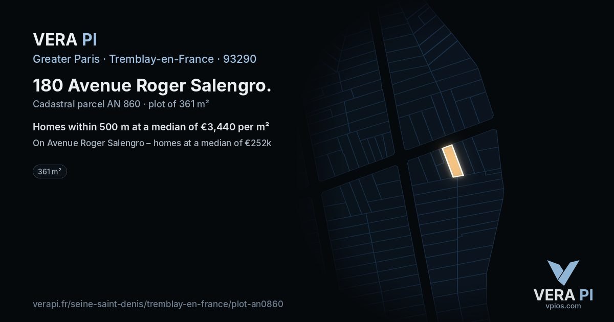 180 Avenue Roger Salengro, Tremblay-en-France at night – the plot lit, the parcels around coloured by the prices near them