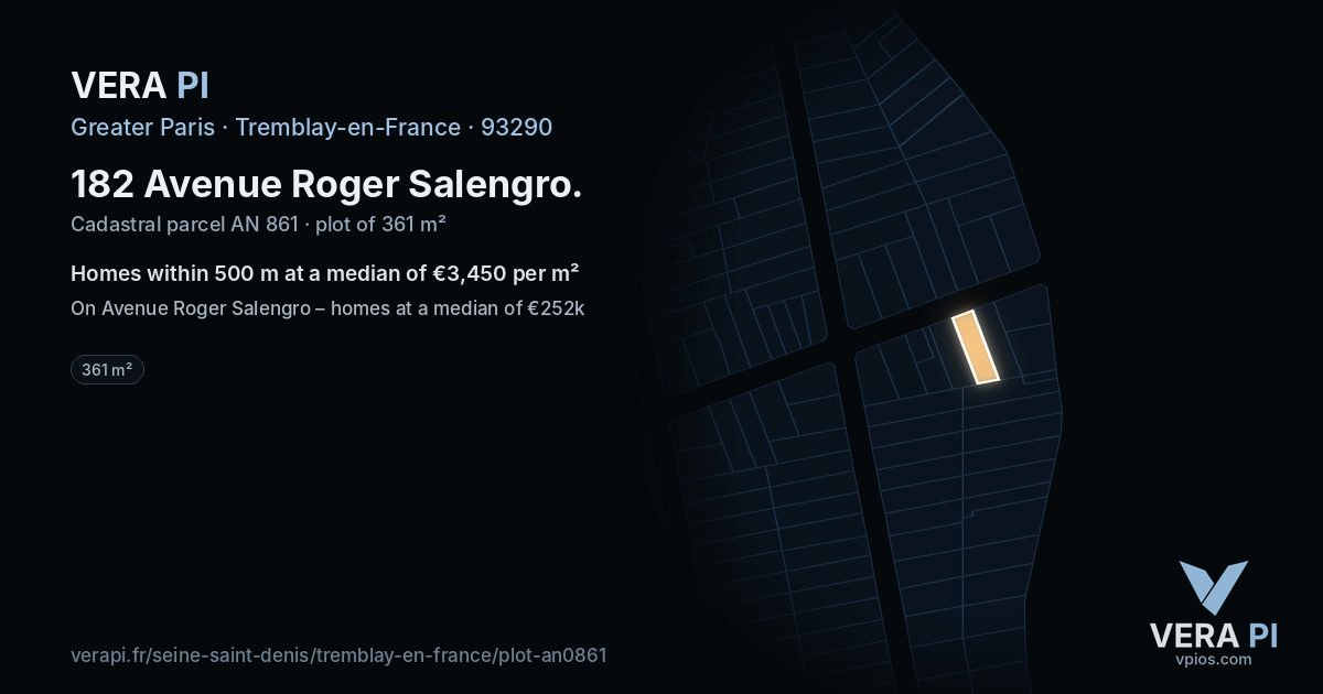 182 Avenue Roger Salengro, Tremblay-en-France at night – the plot lit, the parcels around coloured by the prices near them