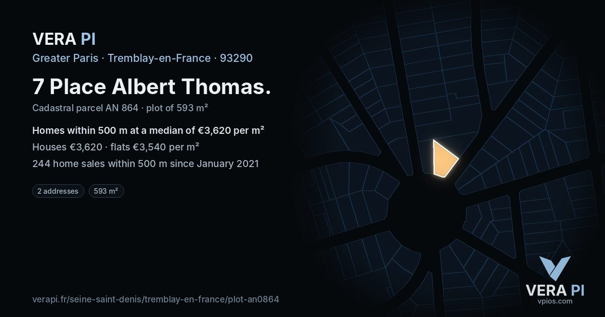 7 Place Albert Thomas, Tremblay-en-France at night – the plot lit, the parcels around coloured by the prices near them
