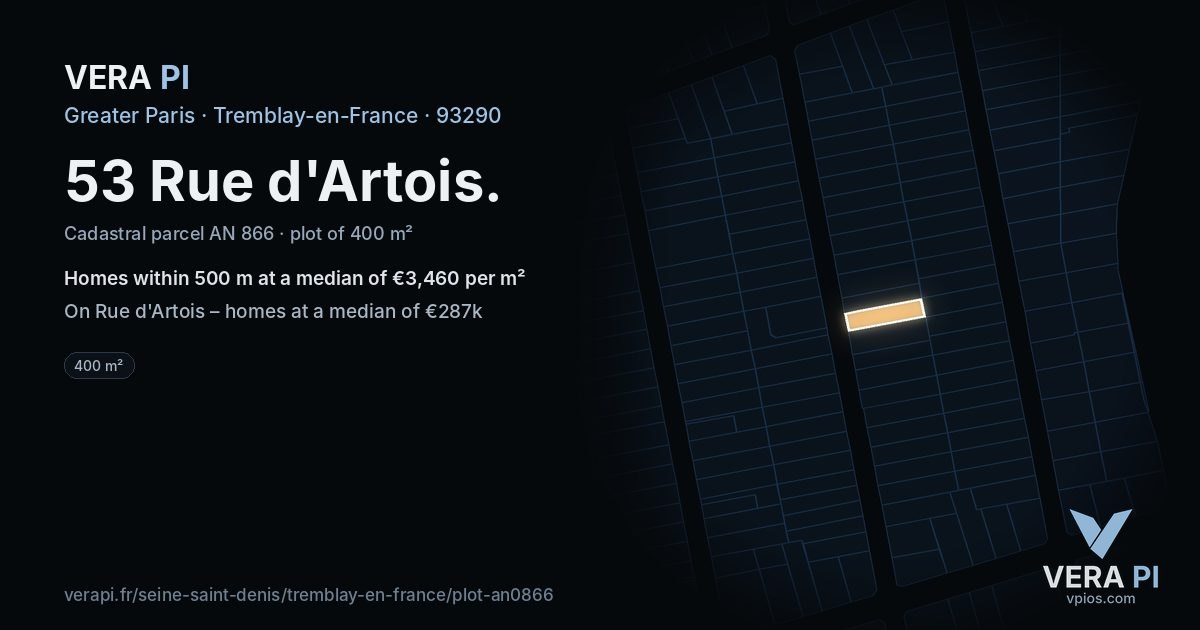 53 Rue d'Artois, Tremblay-en-France at night – the plot lit, the parcels around coloured by the prices near them