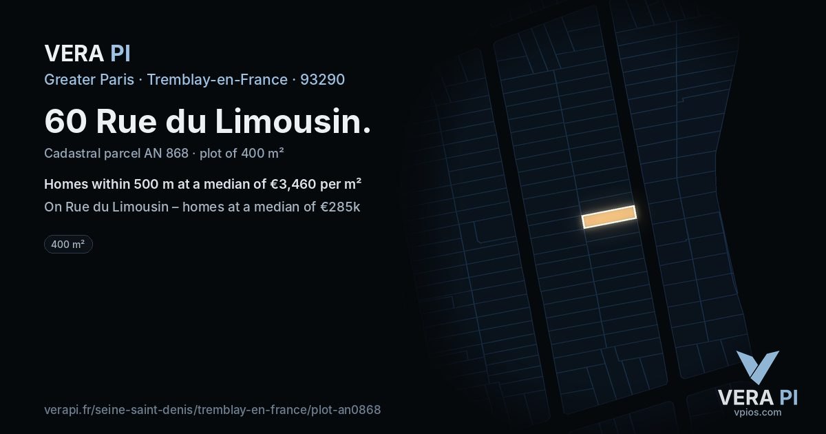 60 Rue du Limousin, Tremblay-en-France at night – the plot lit, the parcels around coloured by the prices near them