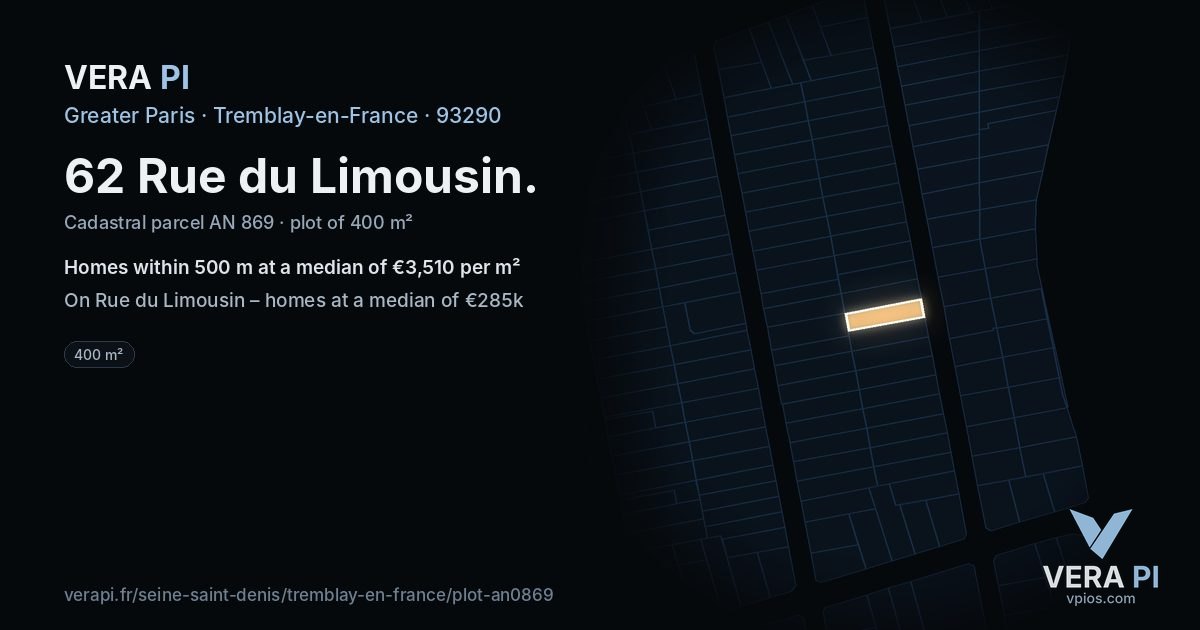 62 Rue du Limousin, Tremblay-en-France at night – the plot lit, the parcels around coloured by the prices near them