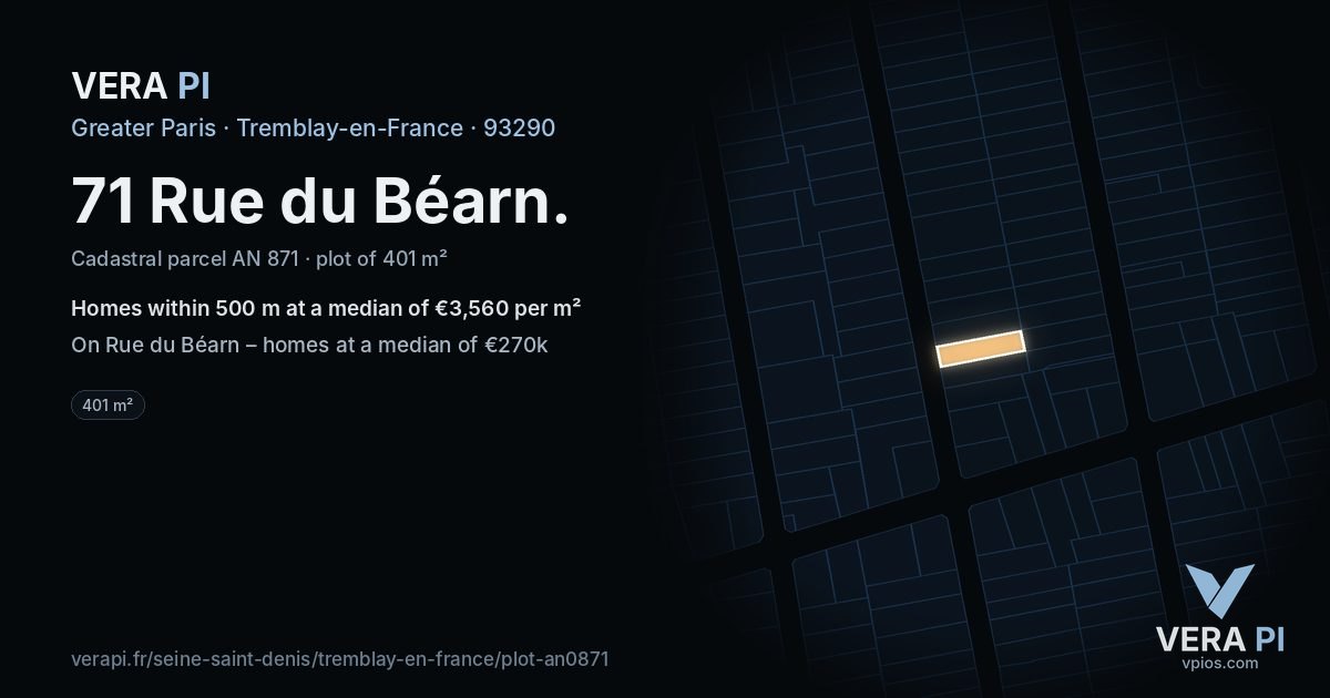 71 Rue du Béarn, Tremblay-en-France at night – the plot lit, the parcels around coloured by the prices near them