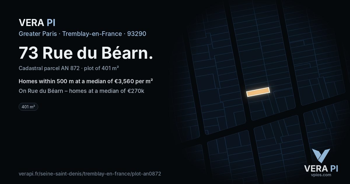 73 Rue du Béarn, Tremblay-en-France at night – the plot lit, the parcels around coloured by the prices near them