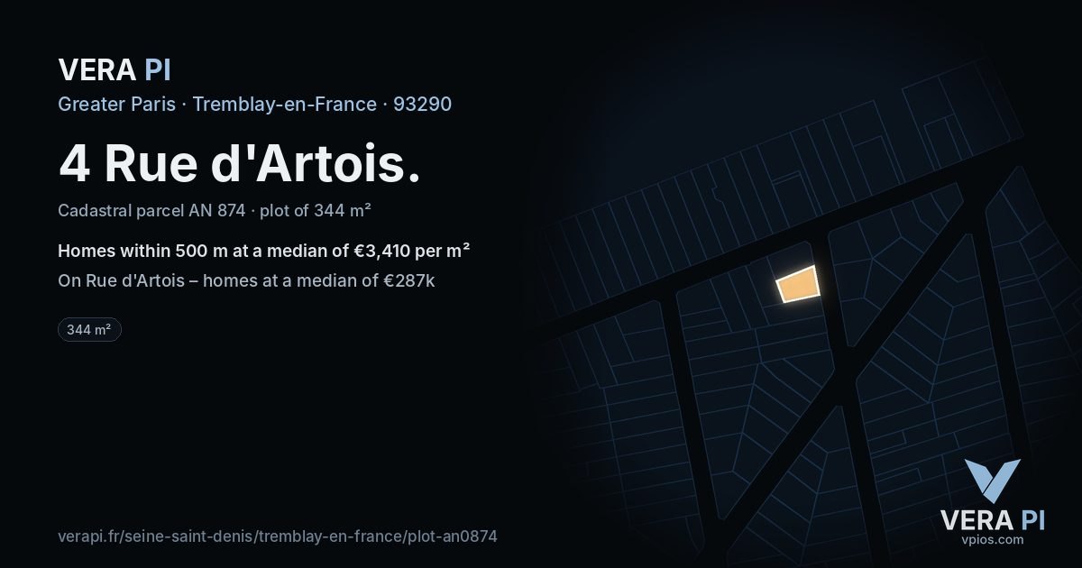 4 Rue d'Artois, Tremblay-en-France at night – the plot lit, the parcels around coloured by the prices near them