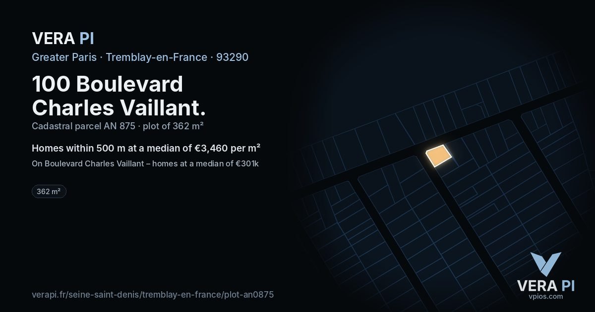 100 Boulevard Charles Vaillant, Tremblay-en-France at night – the plot lit, the parcels around coloured by the prices near them