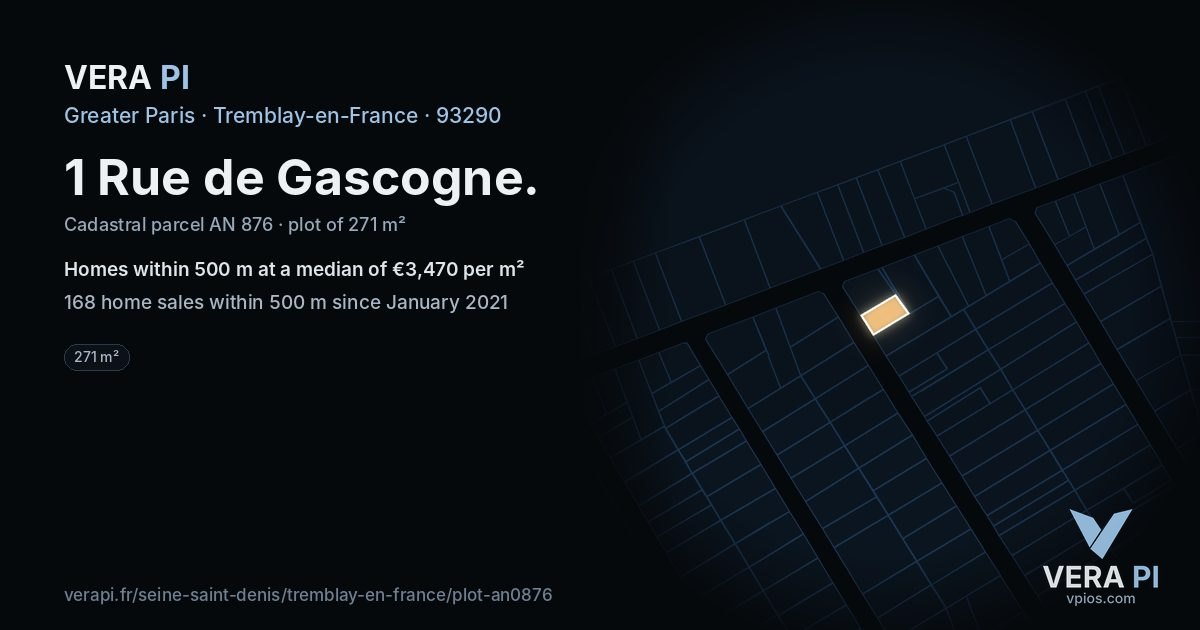 1 Rue de Gascogne, Tremblay-en-France at night – the plot lit, the parcels around coloured by the prices near them