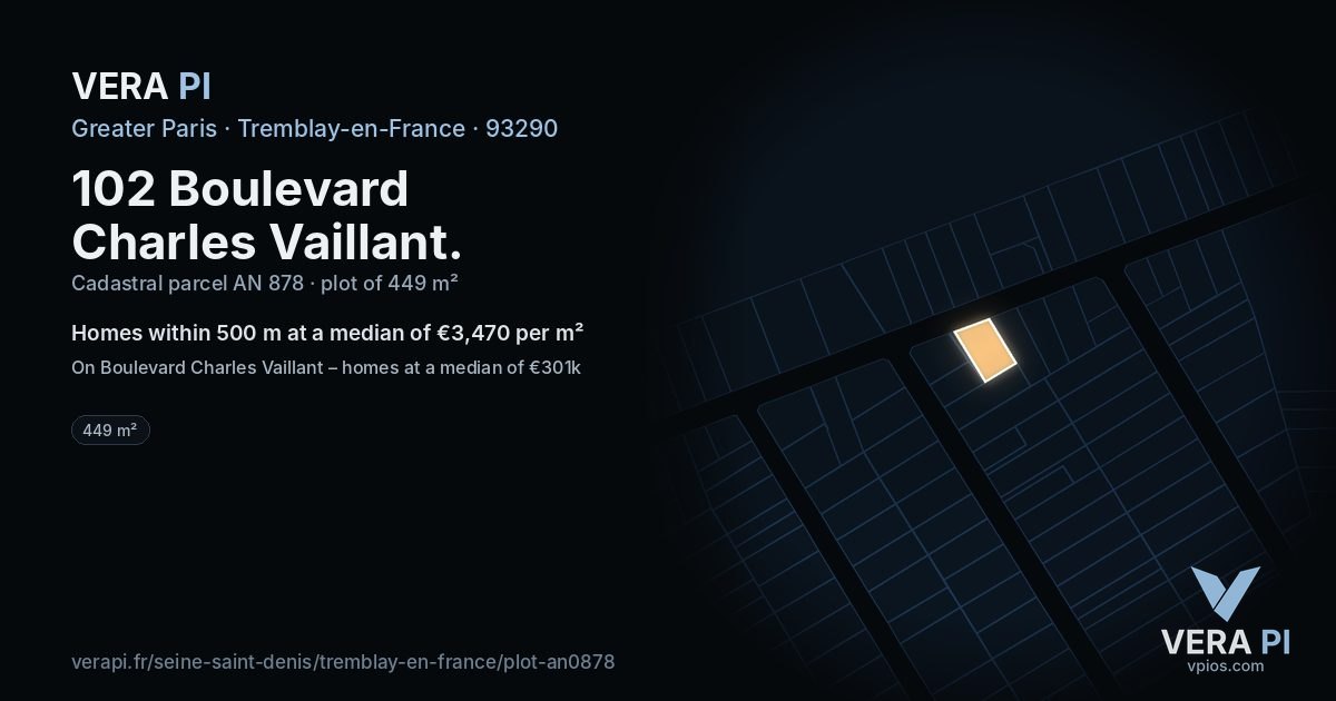 102 Boulevard Charles Vaillant, Tremblay-en-France at night – the plot lit, the parcels around coloured by the prices near them