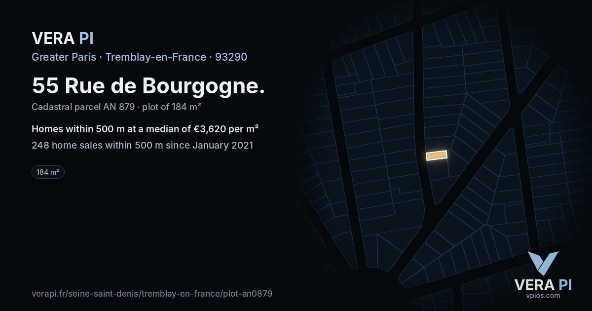55 Rue de Bourgogne, Tremblay-en-France at night – the plot lit, the parcels around coloured by the prices near them