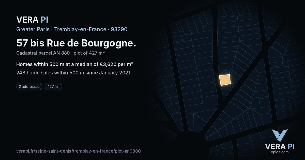 57 bis Rue de Bourgogne, Tremblay-en-France at night – the plot lit, the parcels around coloured by the prices near them