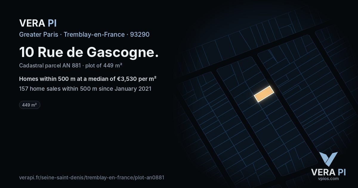10 Rue de Gascogne, Tremblay-en-France at night – the plot lit, the parcels around coloured by the prices near them