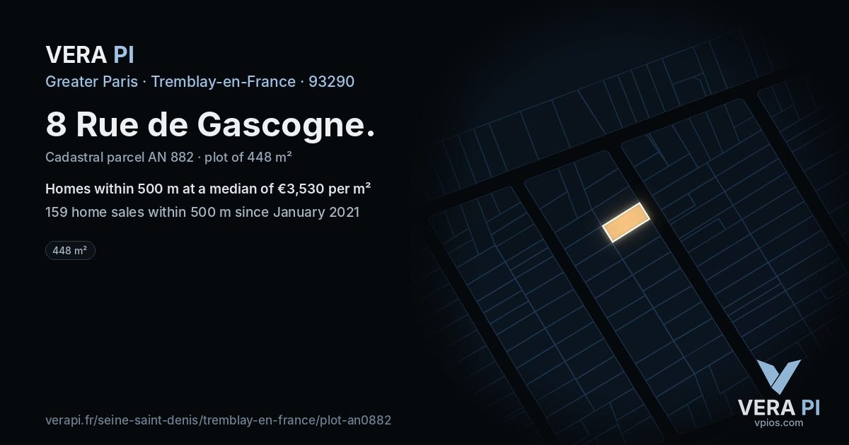 8 Rue de Gascogne, Tremblay-en-France at night – the plot lit, the parcels around coloured by the prices near them