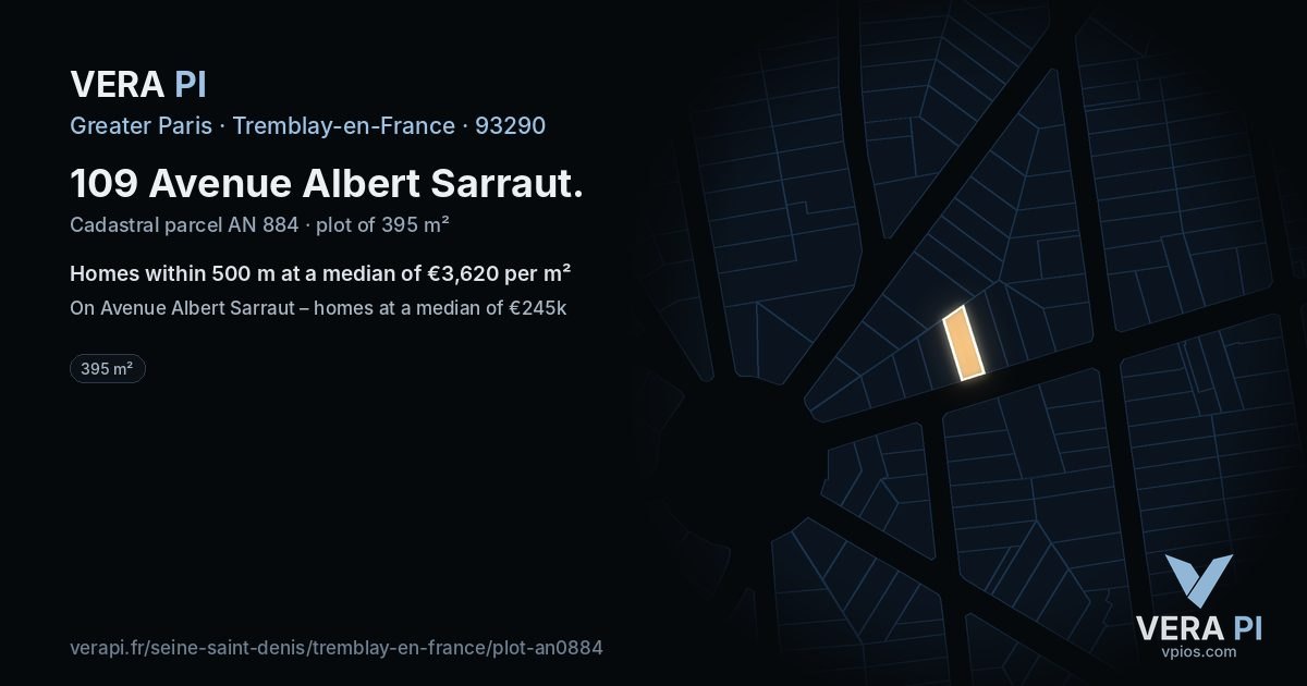 109 Avenue Albert Sarraut, Tremblay-en-France at night – the plot lit, the parcels around coloured by the prices near them