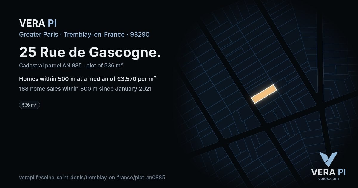 25 Rue de Gascogne, Tremblay-en-France at night – the plot lit, the parcels around coloured by the prices near them