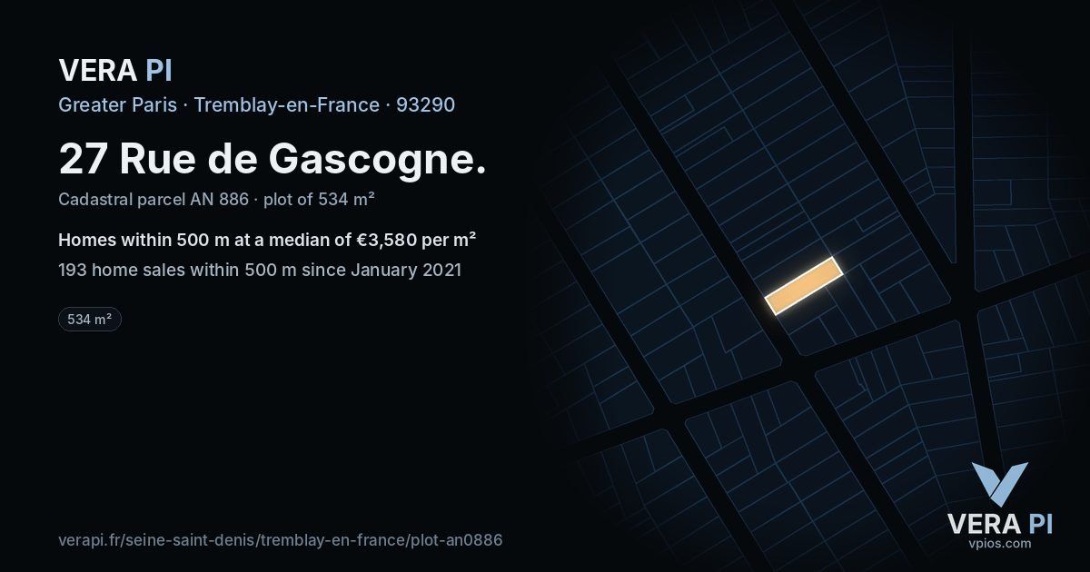27 Rue de Gascogne, Tremblay-en-France at night – the plot lit, the parcels around coloured by the prices near them
