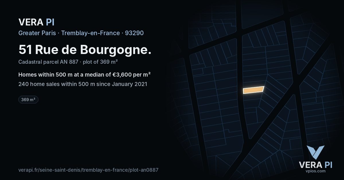 51 Rue de Bourgogne, Tremblay-en-France at night – the plot lit, the parcels around coloured by the prices near them
