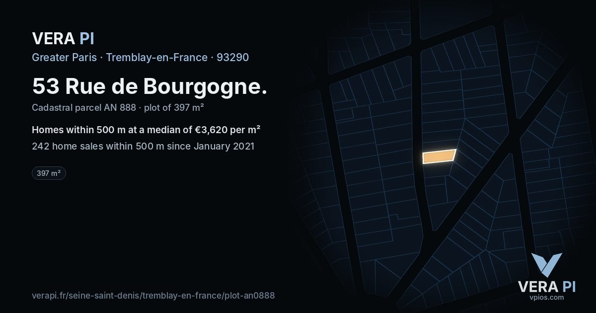 53 Rue de Bourgogne, Tremblay-en-France at night – the plot lit, the parcels around coloured by the prices near them
