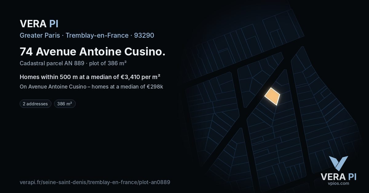 74 Avenue Antoine Cusino, Tremblay-en-France at night – the plot lit, the parcels around coloured by the prices near them