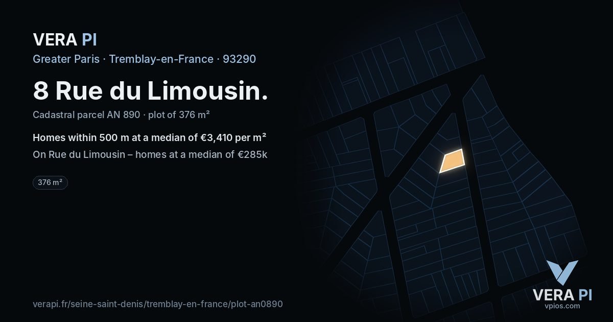 8 Rue du Limousin, Tremblay-en-France at night – the plot lit, the parcels around coloured by the prices near them