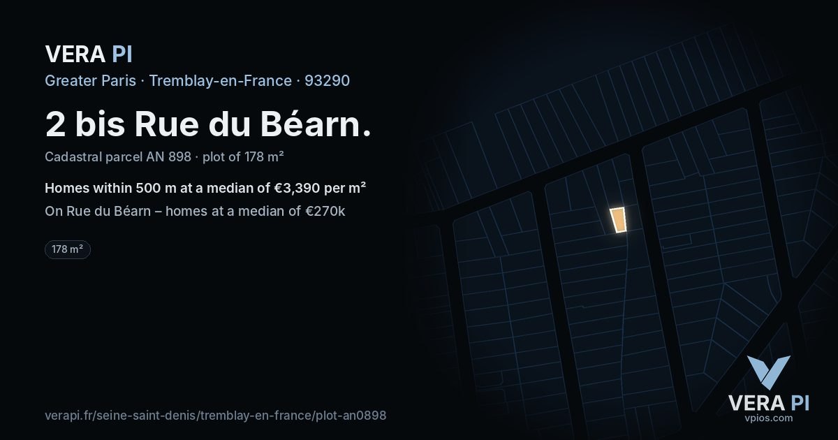 2 bis Rue du Béarn, Tremblay-en-France at night – the plot lit, the parcels around coloured by the prices near them