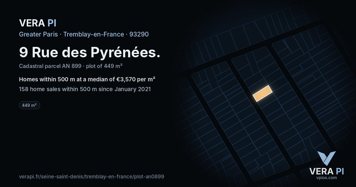 9 Rue des Pyrénées, Tremblay-en-France at night – the plot lit, the parcels around coloured by the prices near them