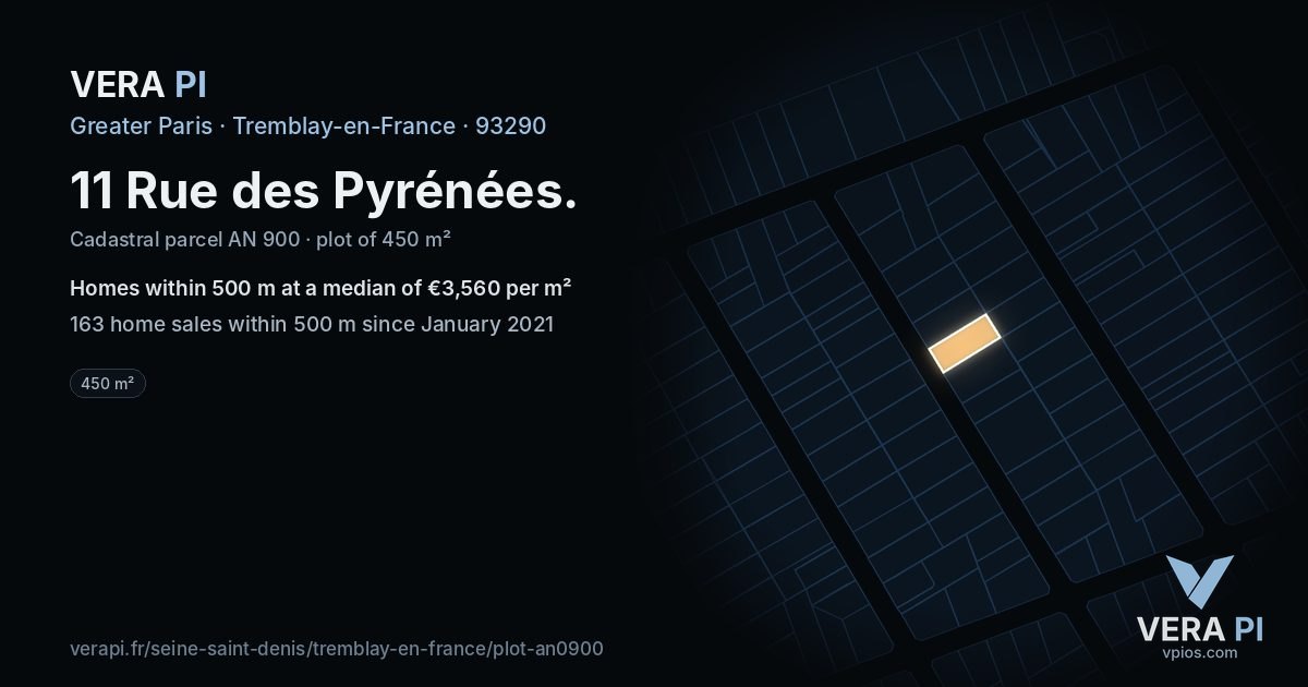 11 Rue des Pyrénées, Tremblay-en-France at night – the plot lit, the parcels around coloured by the prices near them