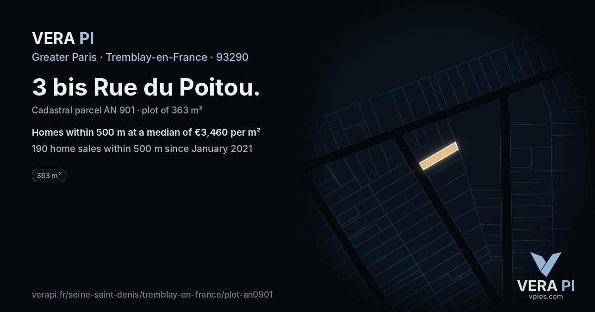 3 bis Rue du Poitou, Tremblay-en-France at night – the plot lit, the parcels around coloured by the prices near them