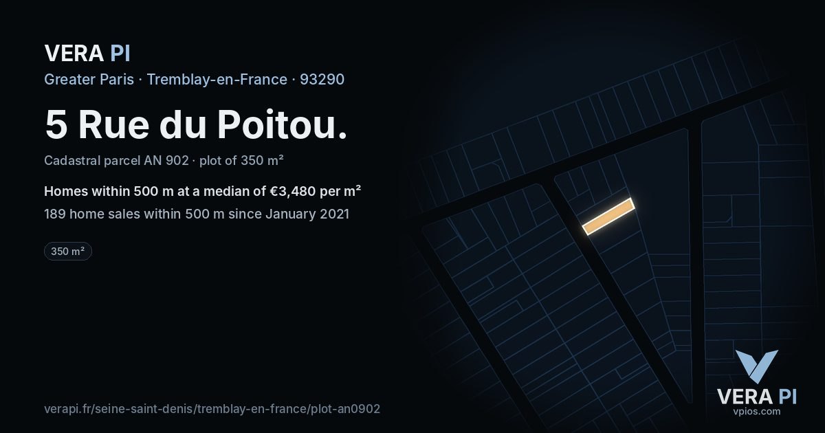 5 Rue du Poitou, Tremblay-en-France at night – the plot lit, the parcels around coloured by the prices near them