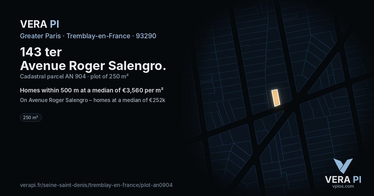 143 ter Avenue Roger Salengro, Tremblay-en-France at night – the plot lit, the parcels around coloured by the prices near them