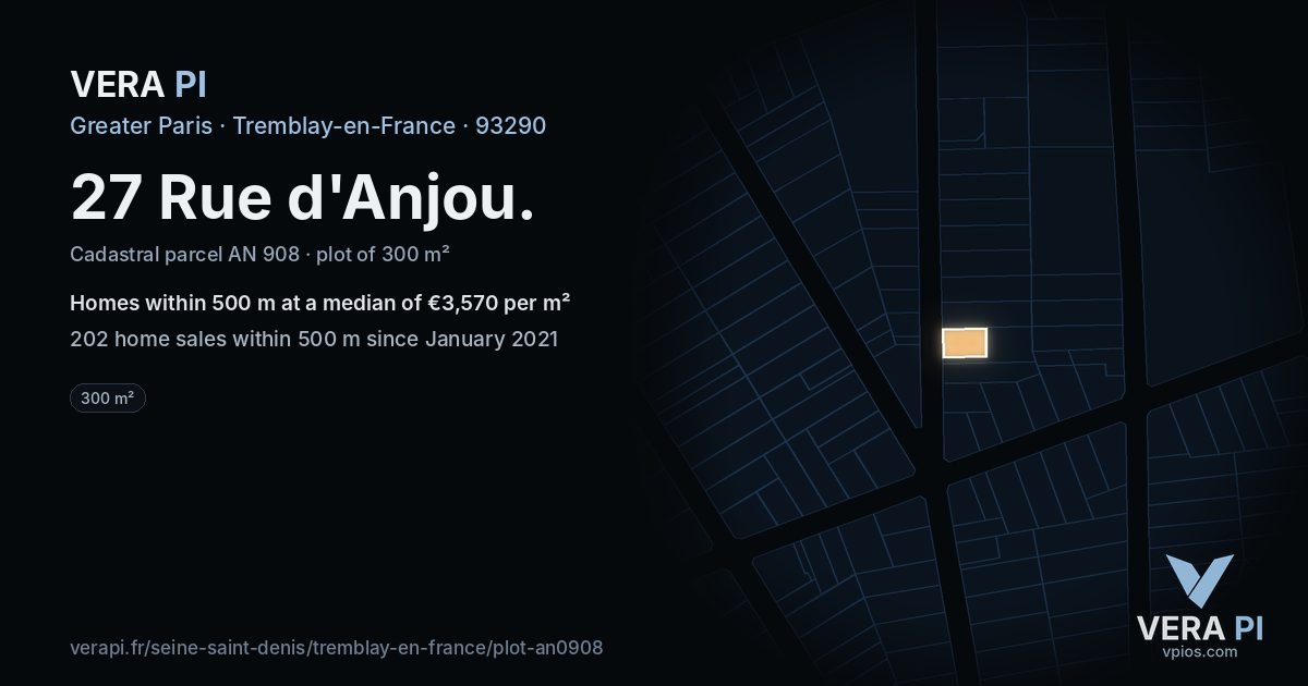 27 Rue d'Anjou, Tremblay-en-France at night – the plot lit, the parcels around coloured by the prices near them