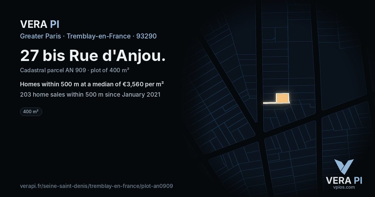 27 bis Rue d'Anjou, Tremblay-en-France at night – the plot lit, the parcels around coloured by the prices near them