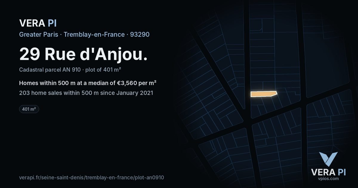 29 Rue d'Anjou, Tremblay-en-France at night – the plot lit, the parcels around coloured by the prices near them