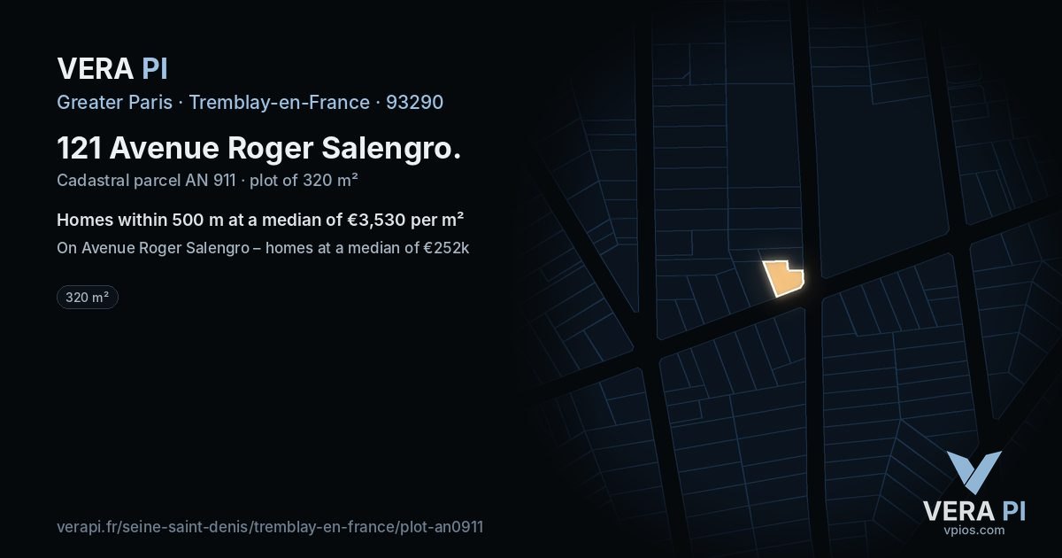 121 Avenue Roger Salengro, Tremblay-en-France at night – the plot lit, the parcels around coloured by the prices near them