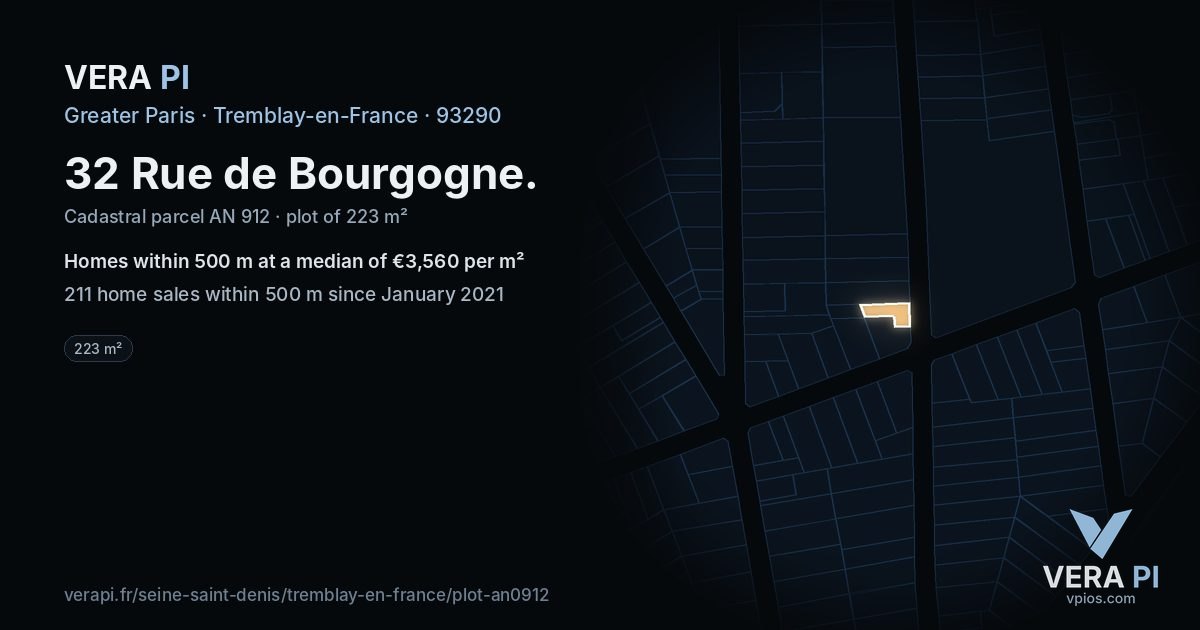 32 Rue de Bourgogne, Tremblay-en-France at night – the plot lit, the parcels around coloured by the prices near them