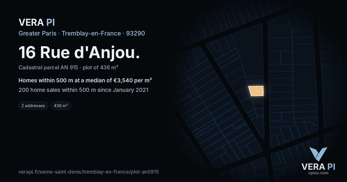 16 Rue d'Anjou, Tremblay-en-France at night – the plot lit, the parcels around coloured by the prices near them