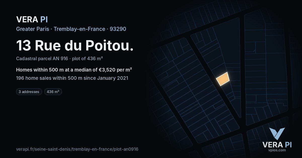 13 Rue du Poitou, Tremblay-en-France at night – the plot lit, the parcels around coloured by the prices near them