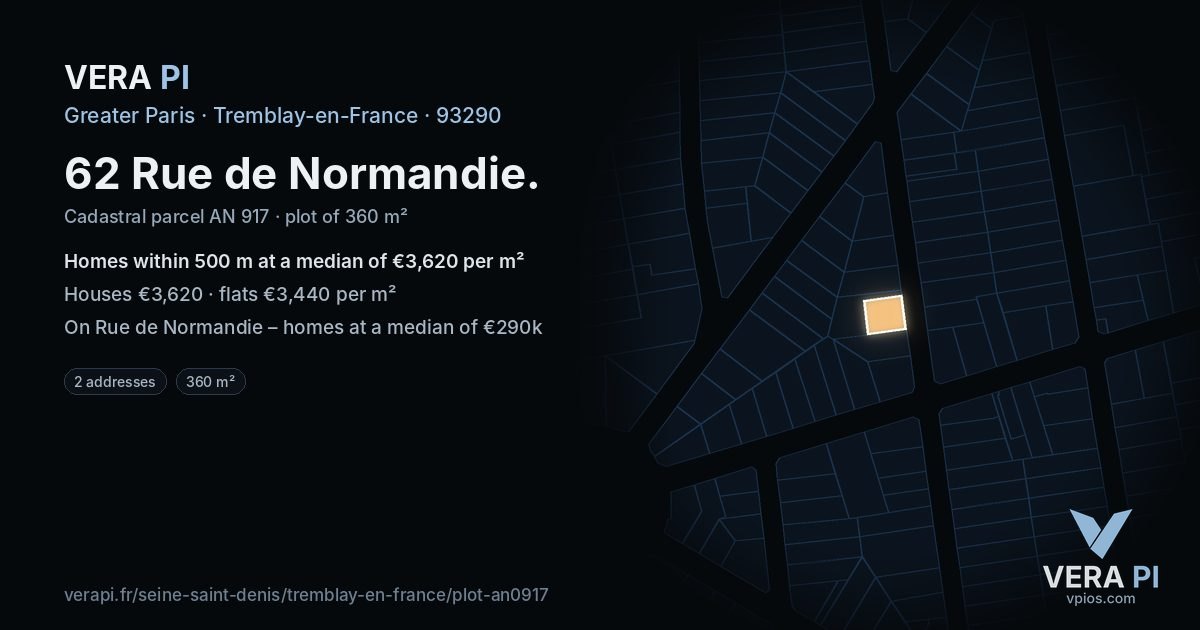 62 Rue de Normandie, Tremblay-en-France at night – the plot lit, the parcels around coloured by the prices near them