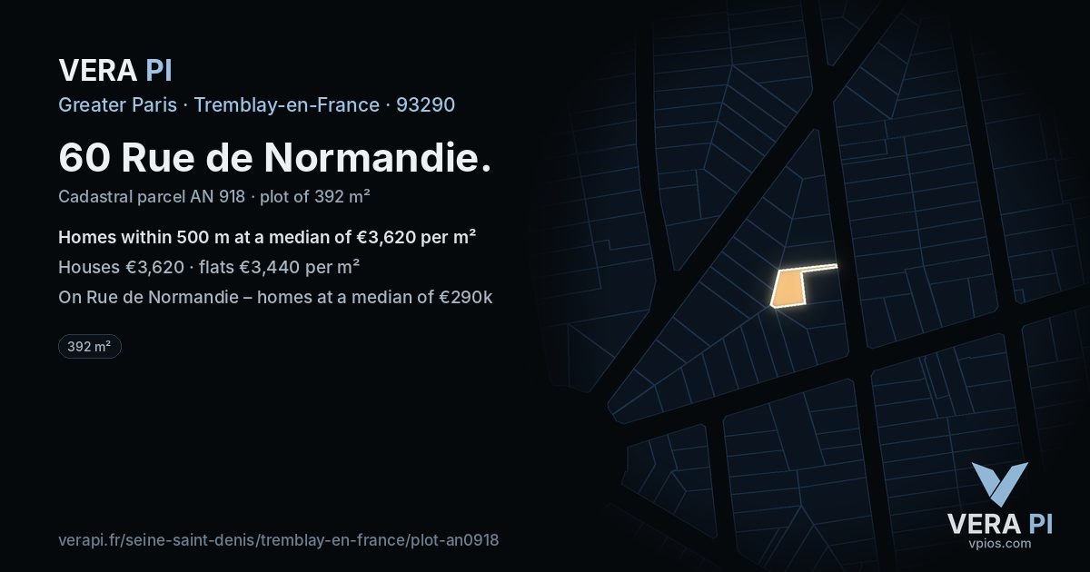 60 Rue de Normandie, Tremblay-en-France at night – the plot lit, the parcels around coloured by the prices near them