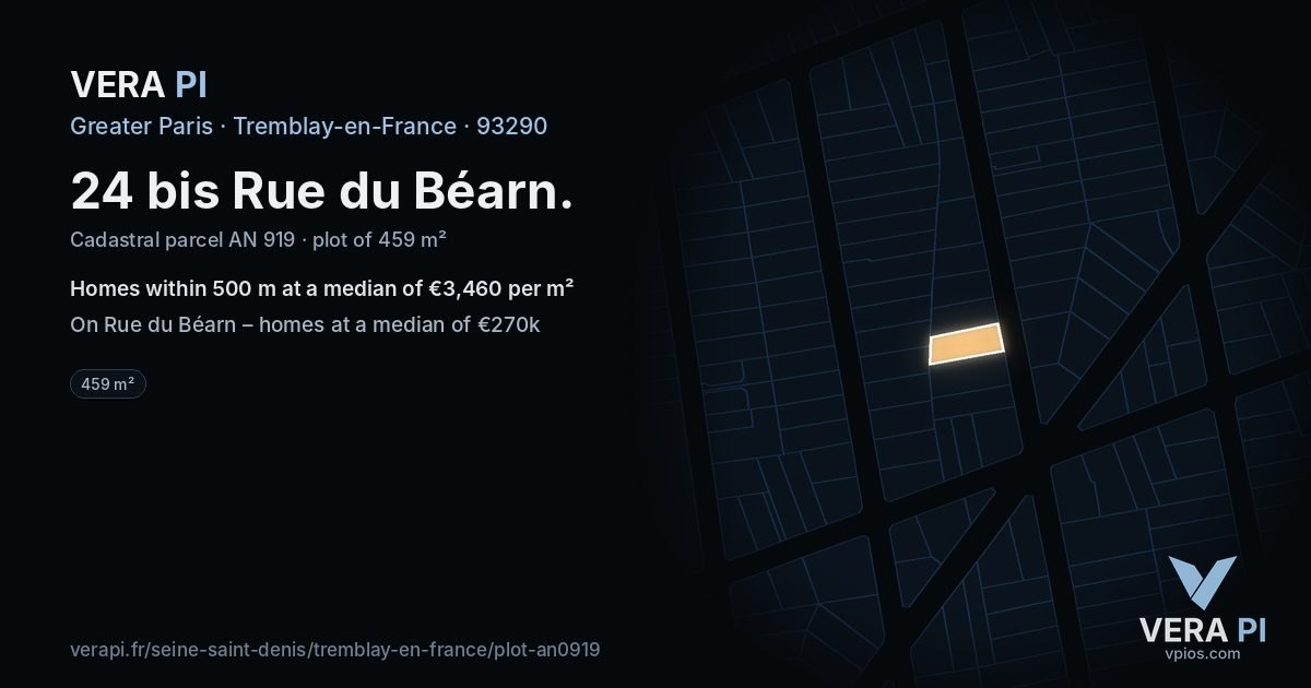 24 bis Rue du Béarn, Tremblay-en-France at night – the plot lit, the parcels around coloured by the prices near them