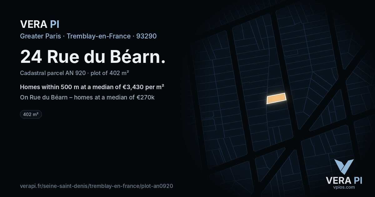 24 Rue du Béarn, Tremblay-en-France at night – the plot lit, the parcels around coloured by the prices near them