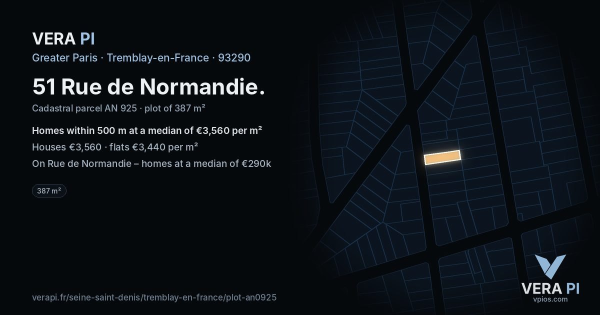 51 Rue de Normandie, Tremblay-en-France at night – the plot lit, the parcels around coloured by the prices near them